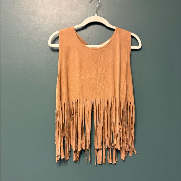 Sans Souci Tops - Sans Souci Tan Faux Suede Fringe Sleeveless Crop Top Boho Western Festival